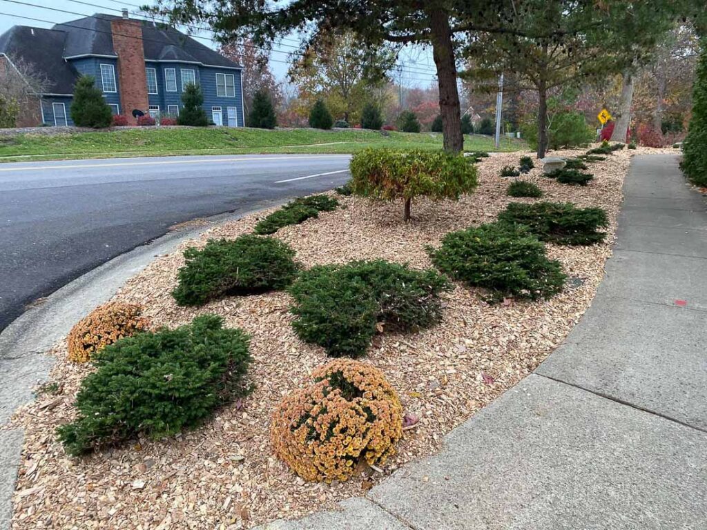 A pile of wood chips donated to St. James Woods Neighborhood in Bloomington, IN