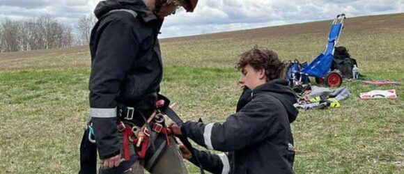 Tree worker training in aerial rescue in Bloomington, IN