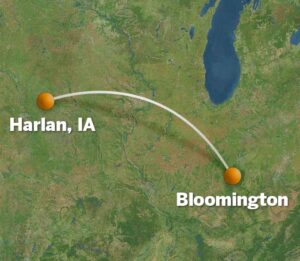 map with a line from Harlan, IA to Bloomington, IN