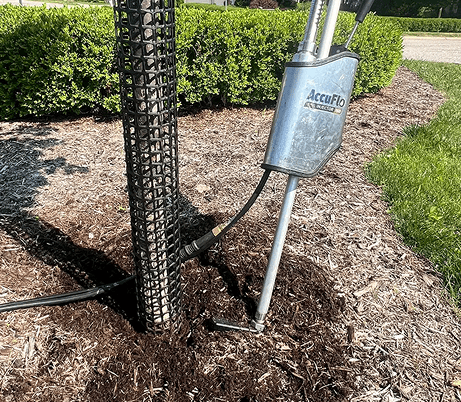 Tree root care treatment being applied using professional soil injection equipment